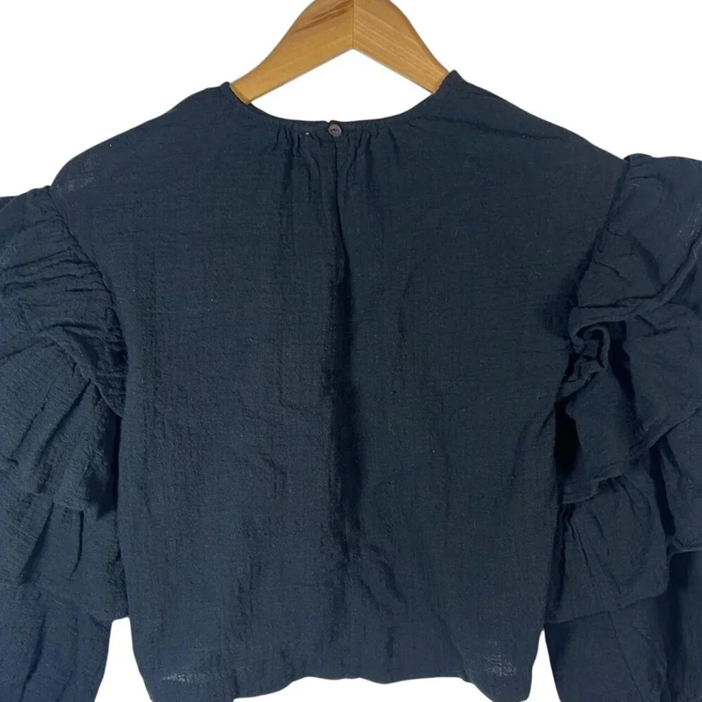 Olivaceous Black Cropped Tiered shirt ruffles gauze size S small‎
